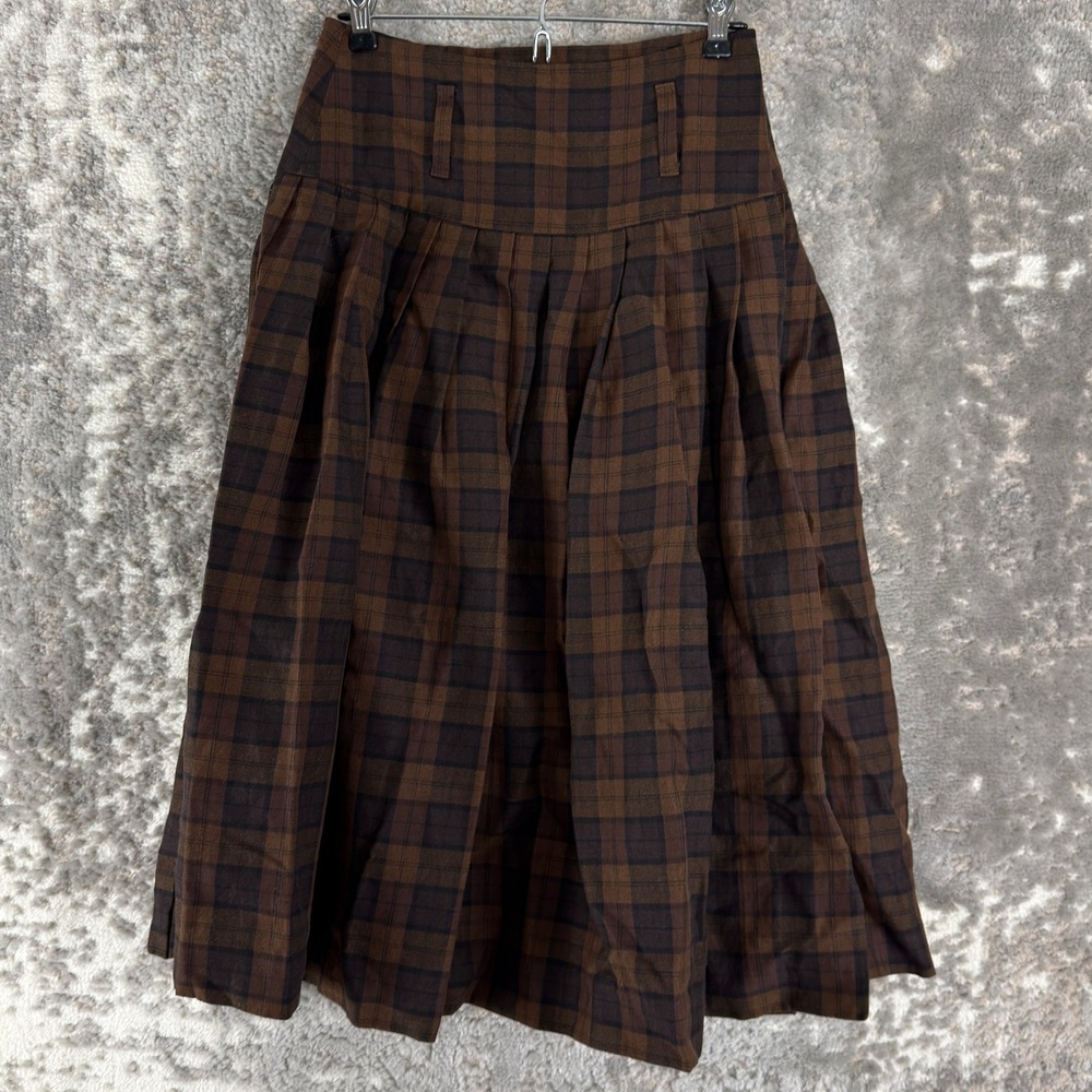 Margaret Howell Size 1 Plaid Pleated A-Line Midi Skirt Brown Women